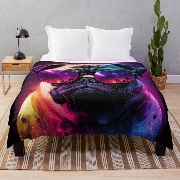 Item preview, Mega cool pug in 80s retrowave, synthwave style, colorful dog designed and sold by SnorbelDesign.