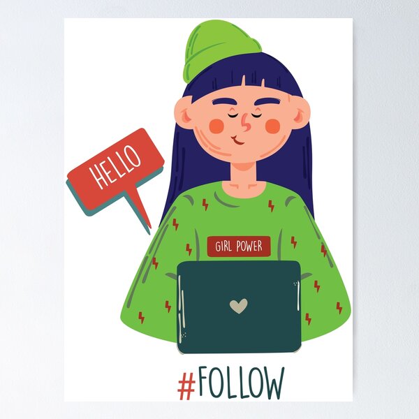 Item preview, blogger girl with laptop, new vlog, following	 designed and sold by SabinArt.