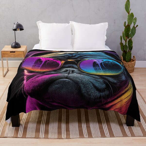 Item preview, Super cool pug in 80s retrowave, synthwave style, colorful dog designed and sold by SnorbelDesign.