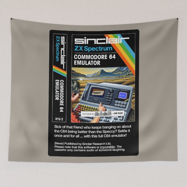 Item preview, C64 EMULATOR for the Sinclair ZX Spectrum (front + text) - Fantasy / Parody Game Cassette Cover - 80s 8-bit Retro Game (Never on the Speccy!) designed and sold by RetroTeeStudio.