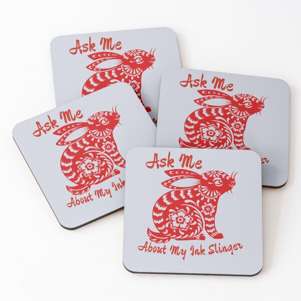 Item preview, Ask Me About My Ink SlingerTattoo Floral Bunny Rabbit Design in Red for Year Round or Chinese New Year 2023 designed and sold by tranquilbeach.