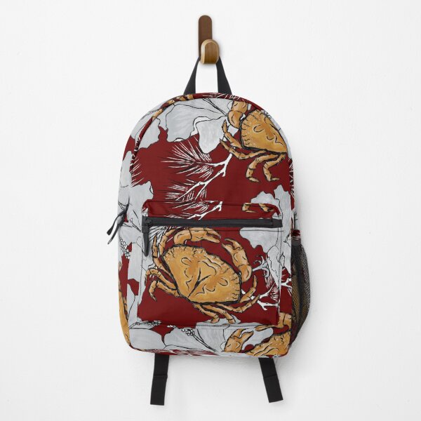 Item preview, pattern, silver hibiscus and golden crabs on a red background	 designed and sold by NayaChu.