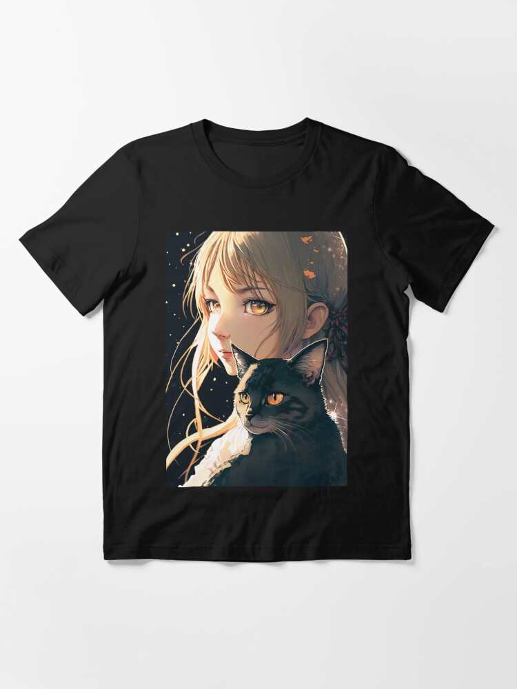 Cute Anime Girl With A Black Cat | Essential T-Shirt
