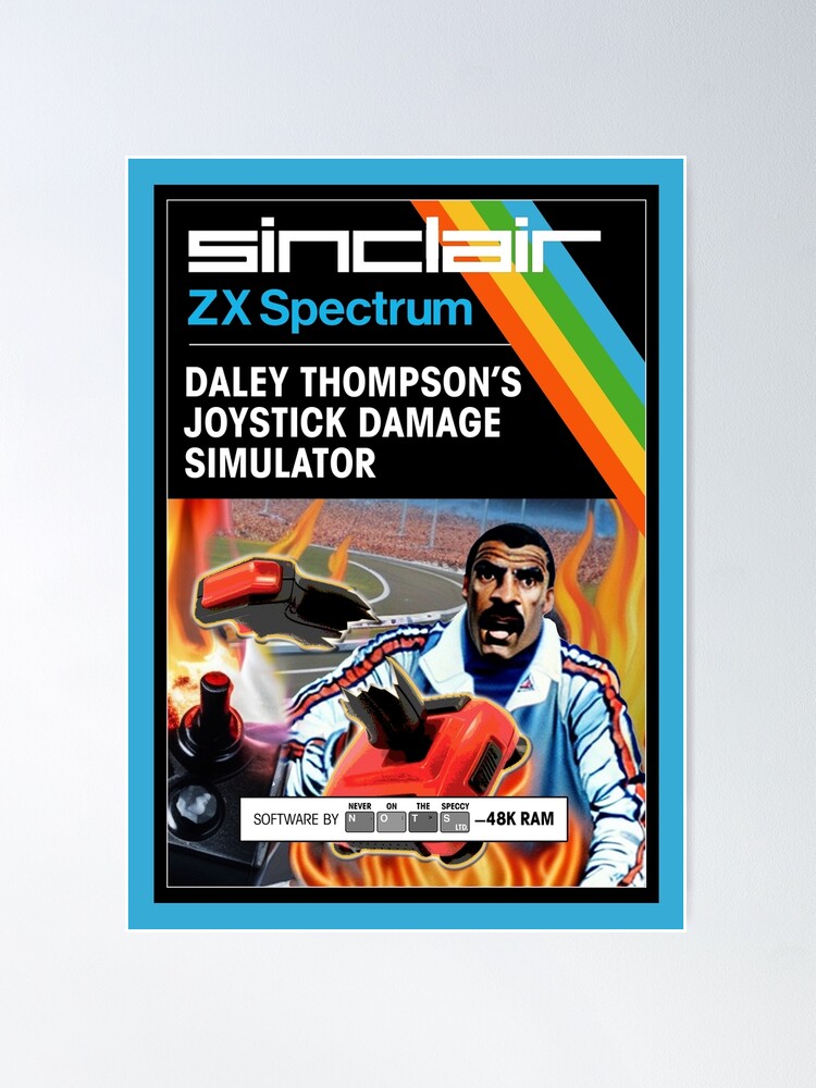 DALEY THOMPSON'S JOYSTICK DAMAGE SIMULATOR for the Sinclair ZX Spectrum  (front cover) - Fantasy / Parody Game Cassette Cover - 80s 8-bit Retro Game  
