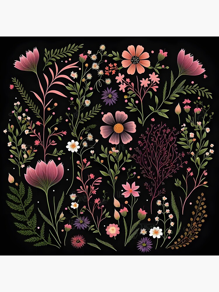 A pattern of pink flowers on a black background Art Board Print