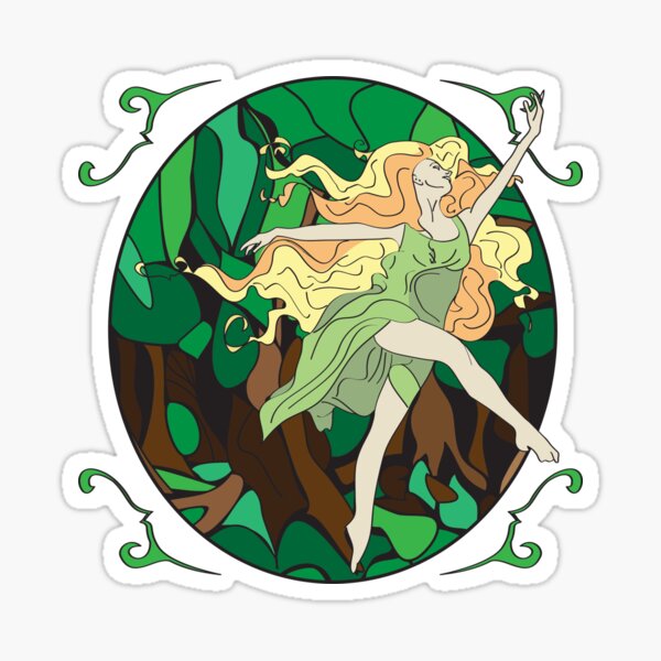 Vista previa del artículo con la obra «Woodland Dryad: espíritu del bosque retozando en Dark Forest, Stained Glass de Read Studios», diseñado y vendido por ReadStudios99.