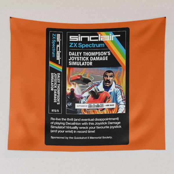 Item preview, DALEY THOMPSON'S JOYSTICK DAMAGE SIMULATOR for the Sinclair ZX Spectrum (front + text) - Fantasy / Parody Game Cassette Cover - 80s 8-bit Retro Game (Never on the Speccy!) designed and sold by RetroTeeStudio.