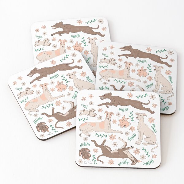 Artikelvorschau, Greyhounds Frolicking Print – Greyhounds & ausgestopfte Hasen – Greyhounds Pastel Spring Palette – Weiß entworfen und verkauft von EcoElsa.