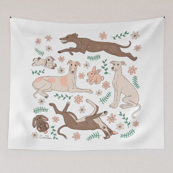 Item preview, Greyhounds Frolicking Print - Greyhounds & stuffed bunnies -  Greyhounds Pastel Spring Palette - White designed and sold by EcoElsa.