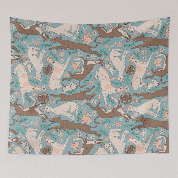 Item preview, Greyhounds Frolicking Pattern - Greyhounds & stuffed bunnies - Greyhounds Pastel Spring Palette - Dull Sky Blue designed and sold by EcoElsa.