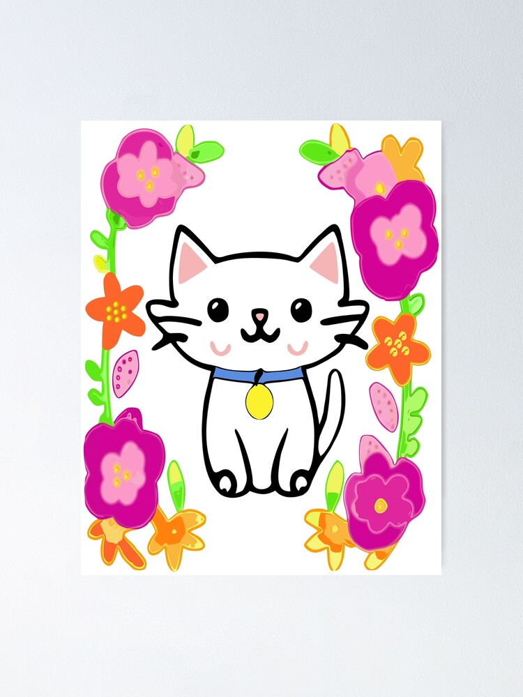 Cute White Kitty Cat with Flowers Digital Line Art | Poster