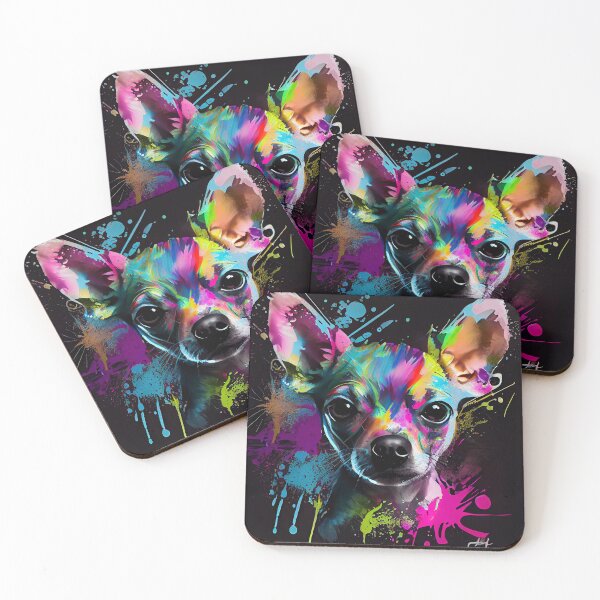 Item preview, Colorful chihuahua dog portrait, black background, AI art designed and sold by Quiki.