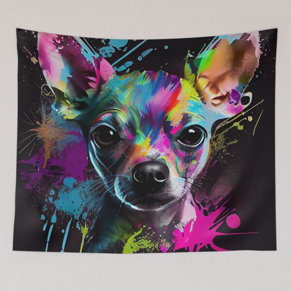 Item preview, Colorful chihuahua dog portrait, black background, AI art designed and sold by Quiki.