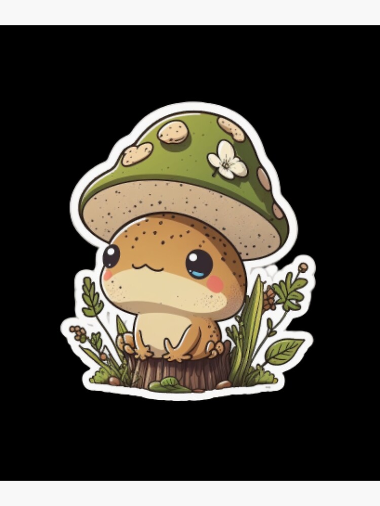 Kawaii Frog with Mushroom Hat and Toadstools - Cottagecore Aesthetic Froggy  - Chubby Amanita Muscaria Forest Themed Fantasy Sticker | Poster
