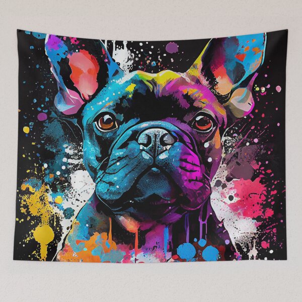 Item preview, Colorful french bulldog dog portrait, black background, AI art designed and sold by Quiki.
