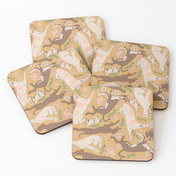 Artikelvorschau, Greyhounds Frolicking Pattern – Greyhounds & ausgestopfte Hasen – Greyhounds Pastel Spring Palette – Light Dull Senf entworfen und verkauft von EcoElsa.