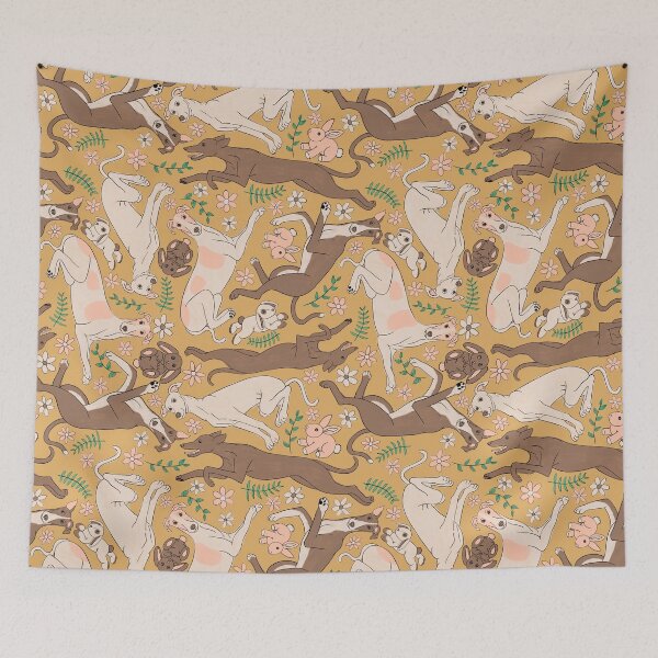 Item preview, Greyhounds Frolicking Pattern - Greyhounds & stuffed bunnies - Greyhounds Pastel Spring Palette - Light Dull Mustard designed and sold by EcoElsa.