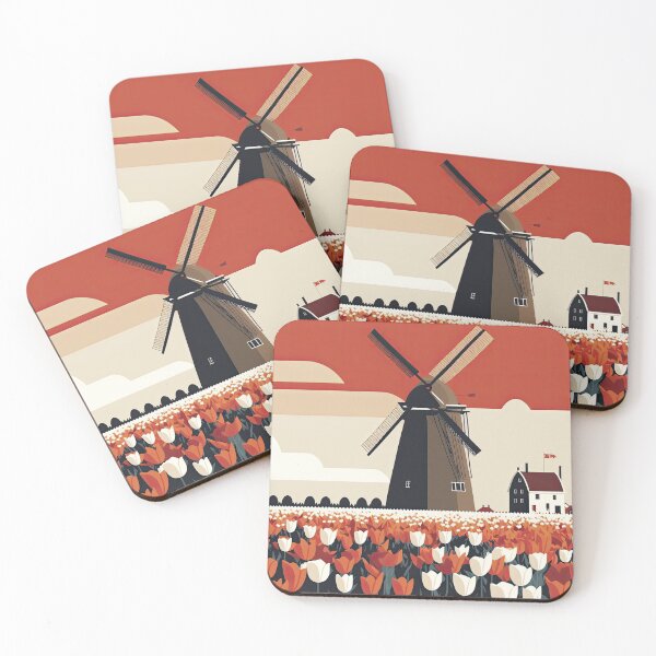 Item preview, Minimalist Dutch tulip field with a windmill designed and sold by FlatLandPrints.