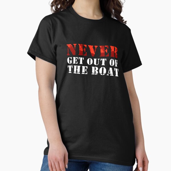 Vista previa del artículo con la obra «NUNCA SALGAS DEL BARCO APOCALIPSIS», diseñado y vendido por Madjack Tees Kiwi SuperStore.