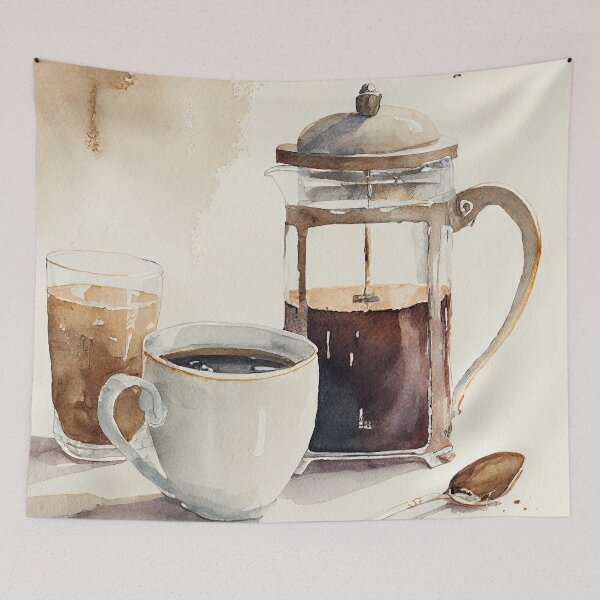Item preview, Watercolor sketch of a French press and cup of coffee 2 designed and sold by artefacta.