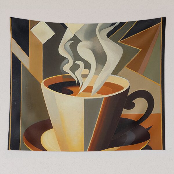 Item preview, Cubist painting of steaming cup of coffee 2 designed and sold by artefacta.