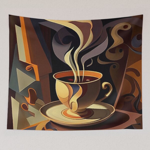 Item preview, Cubist painting of steaming cup of coffee designed and sold by artefacta.