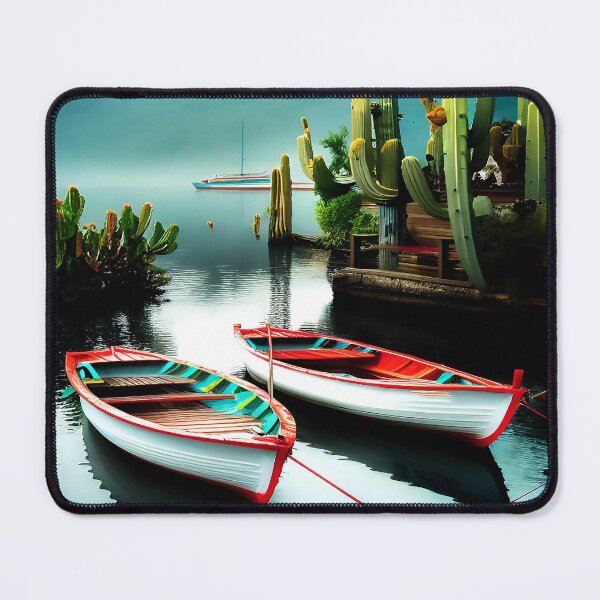 Item preview, Fishing Boats Open Pond in the South with large Saguaro Cactus designed and sold by deniselynnimage.