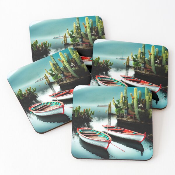 Item preview, Fishing Boats Open Pond in the South with large Saguaro Cactus designed and sold by deniselynnimage.