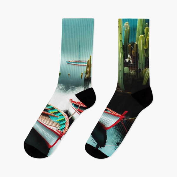 Item preview, Fishing Boats Open Pond in the South with large Saguaro Cactus designed and sold by deniselynnimage.