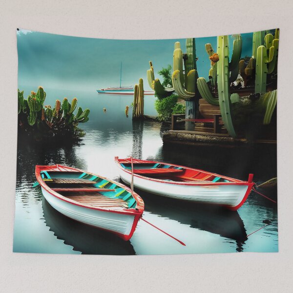 Item preview, Fishing Boats Open Pond in the South with large Saguaro Cactus designed and sold by deniselynnimage.