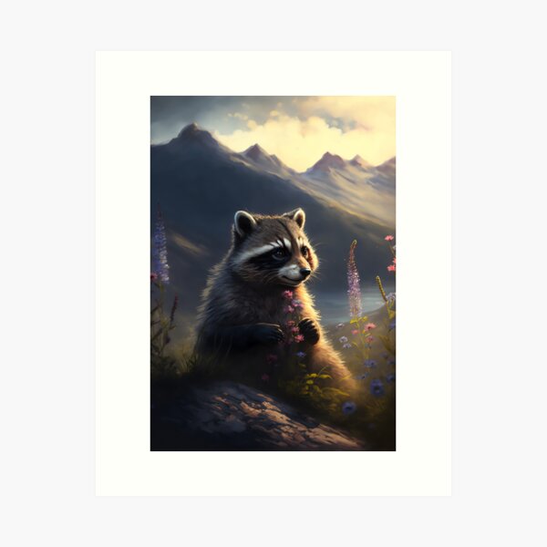 Item preview, Raccoon with Wild Flowers, Mountains in the Sunlight designed and sold by CLOUDREST.
