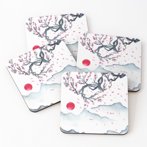 Item preview, cherry blossoms and red sunset over Japanese mountains designed and sold by Wolshebnaja.
