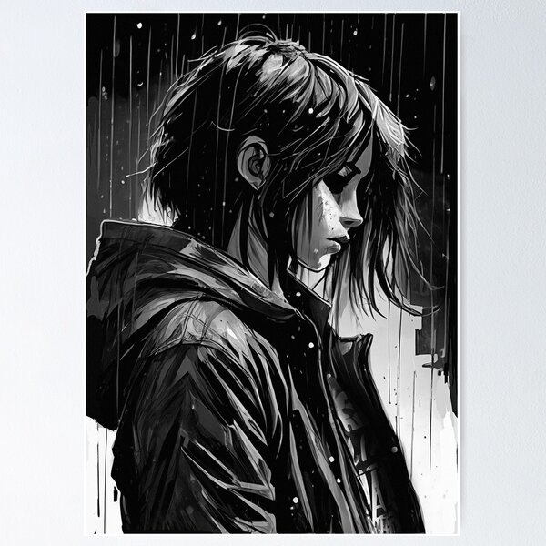 Dark anime guy in a rainy cityscape wearing a black hoodie