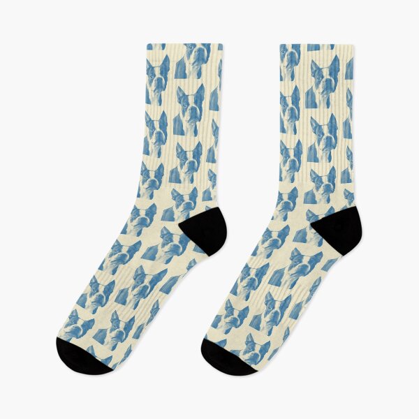 Item preview, boston terrier portrait in blue (cream background) designed and sold by Madame Memento.