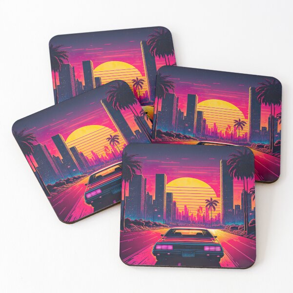 Item preview, Car Driving Towards Synthwave Sun Through 80s Miami designed and sold by Nightarcade.