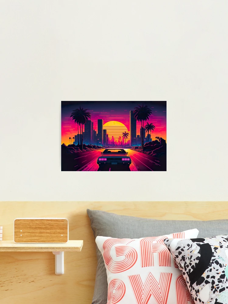 Retro-Futuristic Car Driving Through City Towards Synthwave Sun  Throw  Pillow for Sale by Nightarcade