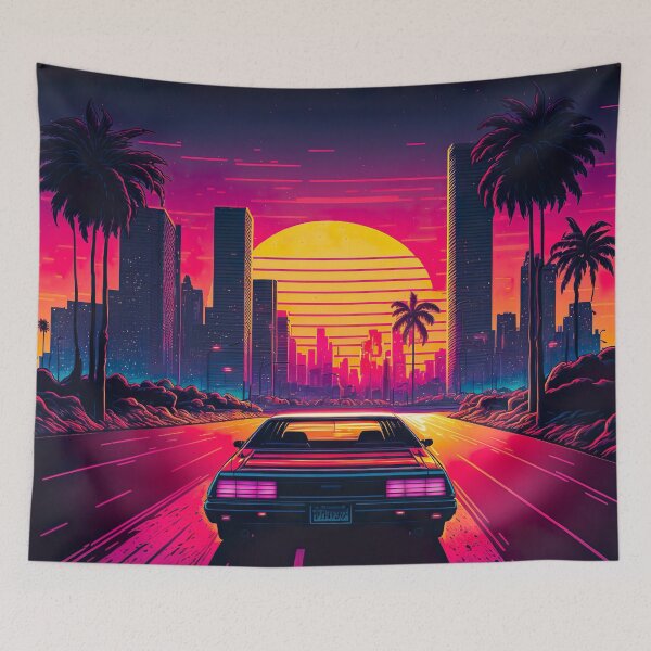 Item preview, Car Driving Towards Synthwave Sun Through 80s Miami designed and sold by Nightarcade.