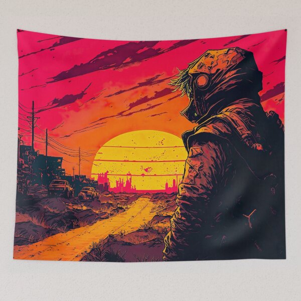 Item preview, Man Looking At An Apocalyptic Synthwave Sunset designed and sold by Nightarcade.