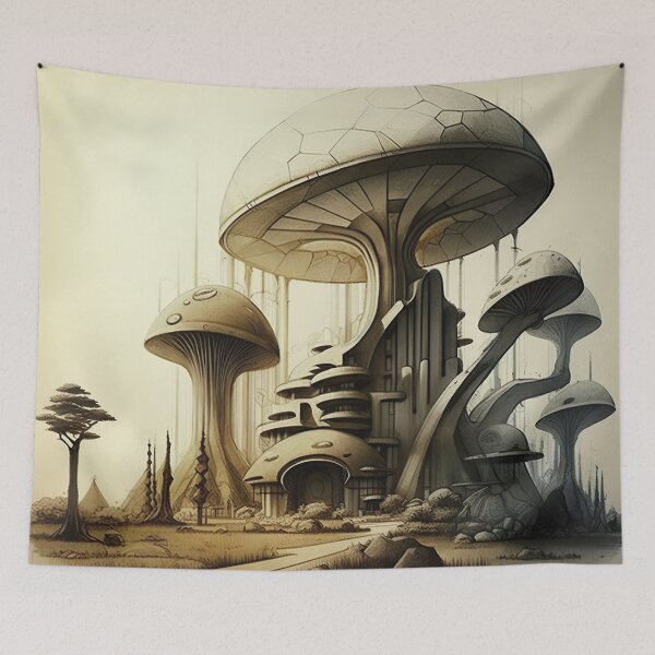 Item preview, Mushroom City In An Alien Fantasy World Landscape designed and sold by Styrman.