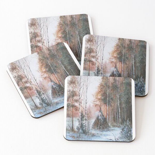 Item preview, id61-1 Winter camp in birch trees, tent, Winter forest and snow cover, black and white trees, icy and snowy trees, snowy forest, cool and cute winter, jungle, Frozen birch, Birch, Watercolor, designed and sold by bcbutika.