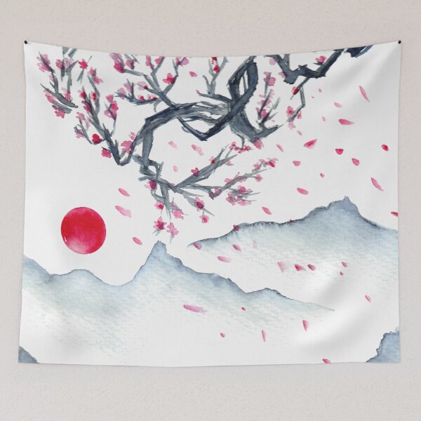 Item preview, cherry blossoms and red sunset over Japanese mountains designed and sold by Wolshebnaja.