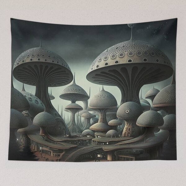 Item preview, Mushroom City In An Alien Fantasy Science Fiction Landscape designed and sold by Styrman.