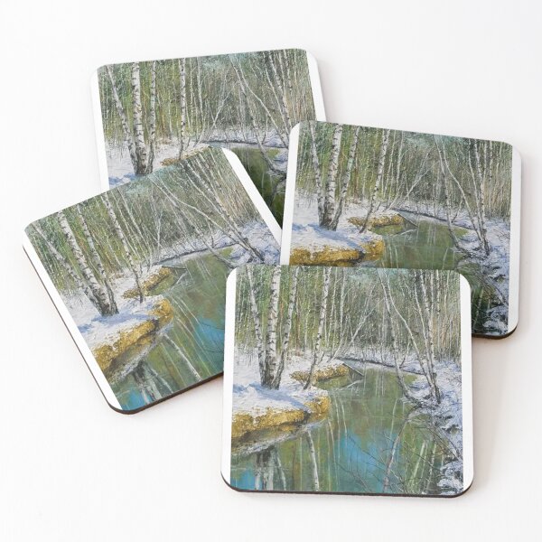 Item preview, id62-1 green river and birch trees, green colored river, Clean river, black and white trees, spring, snowmelt, snowy forest, cool and cute winter, jungle, Frozen birch, Birch, Watercolor, river designed and sold by bcbutika.