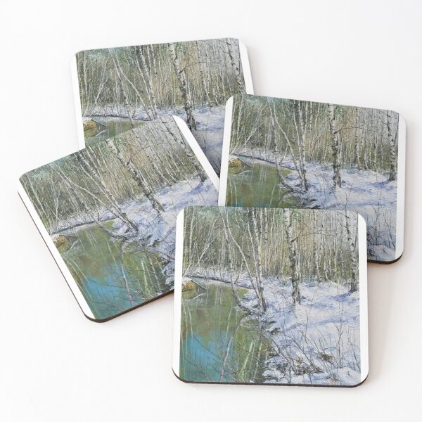 Item preview, id62-2 River Snowy and Birch Trees, green colored river, Clean river, black and white trees, spring, snowmelt, snowy forest, cool and cute winter, jungle, Frozen birch, Birch, Watercolor, river designed and sold by bcbutika.