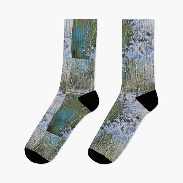 Item preview, id62-2 River Snowy and Birch Trees, green colored river, Clean river, black and white trees, spring, snowmelt, snowy forest, cool and cute winter, jungle, Frozen birch, Birch, Watercolor, river designed and sold by bcbutika.