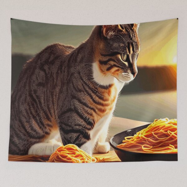 Item preview, Cat Watching Sunset Scene While Eating Spaghetti designed and sold by funnyhalloween.