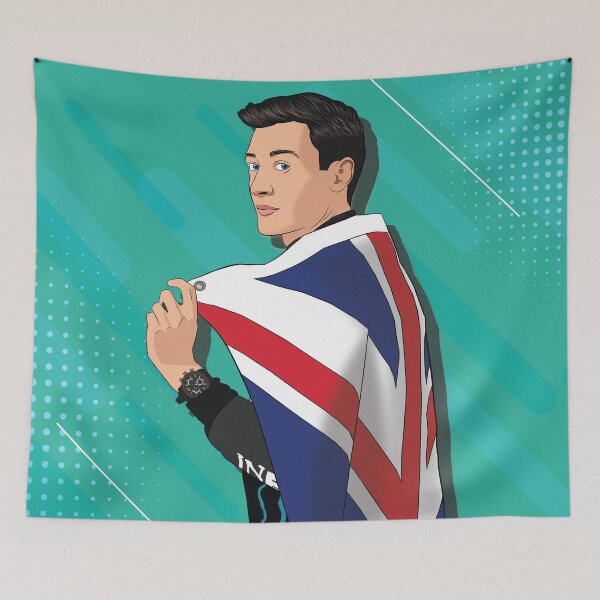 Item preview, Mercedes F1 Team Driver George Russell with British Flag Drawing art designed and sold by FormulaGTee1.