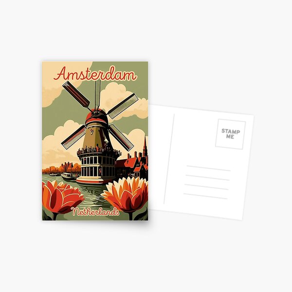 Aperçu de l'œuvre Amsterdam Pays-Bas Affiche de voyage vintage Moulin à vent rétro créée et vendue par artra-shop.