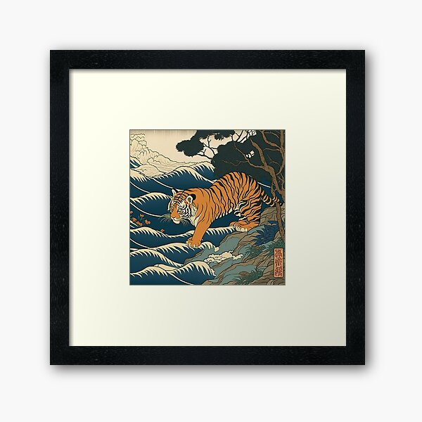 Aperçu de l'œuvre Tigre et vagues Ukiyo-e créée et vendue par PharaohofSedona.