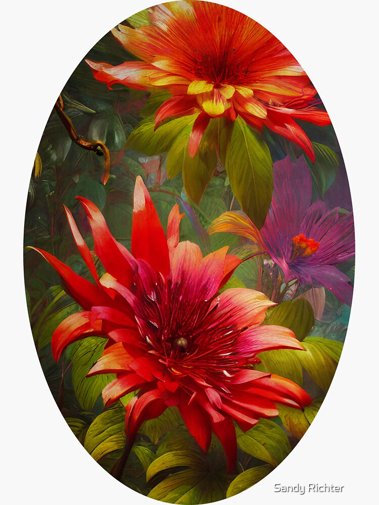 Thumbnail 3 of 3, Sticker, Vibrant Colorful Large Tropical Fantasy Flowers Artwork designed and sold by sandyrichter.